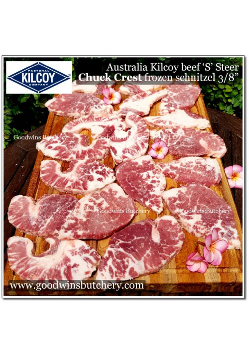 Beef CHUCK CREST Australia STEER (young cattle) KILCOY frozen STEAK THIN SCHNITZEL 3/8" 1cm (price/kg 9-10pcs)